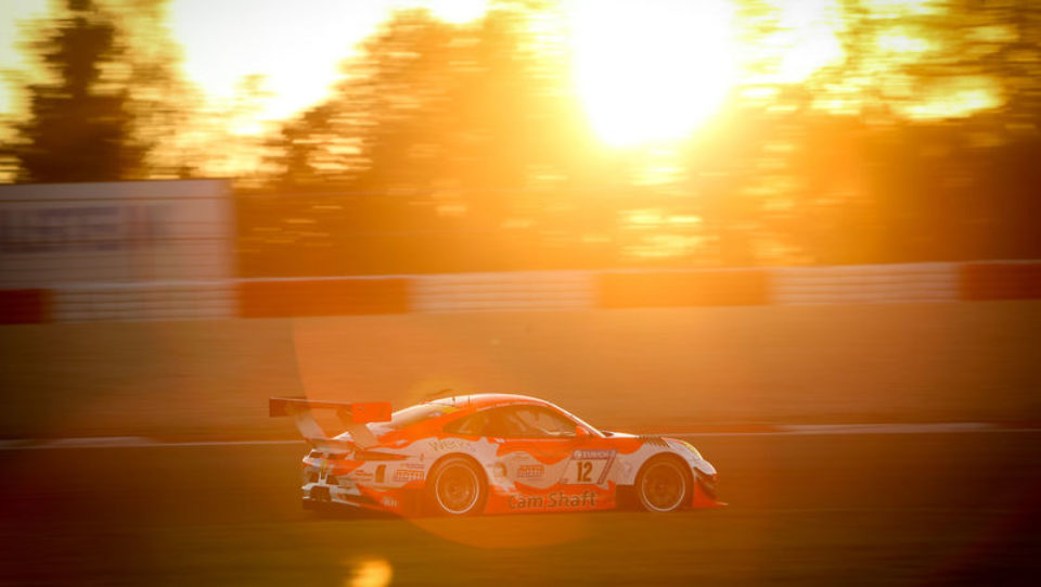 Porsche 911 GT3 R at the Nürburgring during sunset